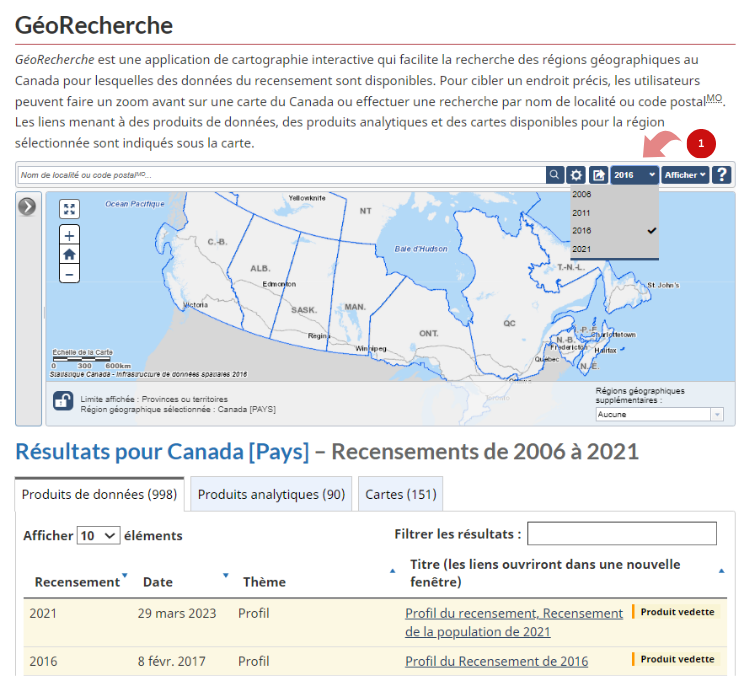 Cette image montre la liste des séries de données disponibles ainsi que la période de référence géographique sélectionnée, générée en cliquant sur le menu déroulant « Période de référence géographique du recensement ».